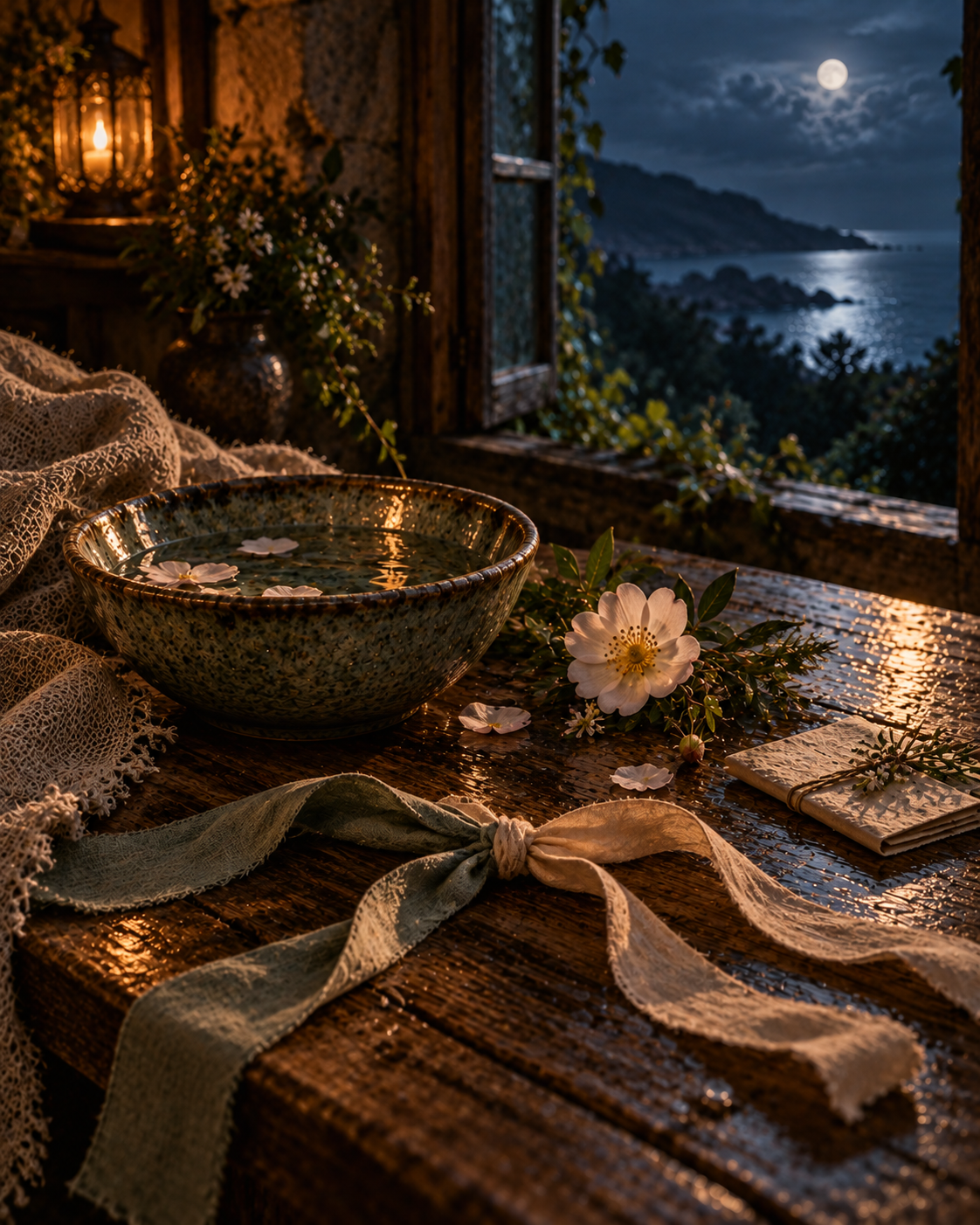 Dos cintas junto a un cuenco de agua y una flor para un ritual sobre el amor