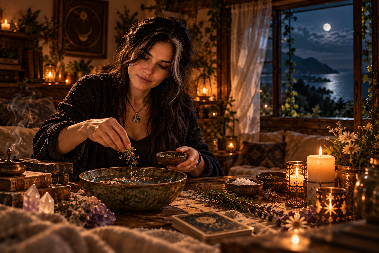 Velaria realiza un ritual con agua y plantas junto a una ventana nocturna